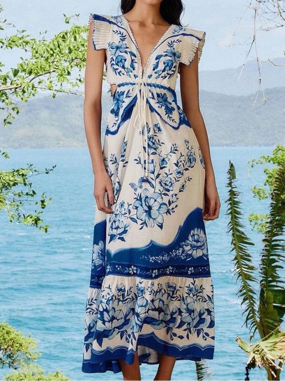 Like-New FARM Rio Blue & White Floral Maxi Dress